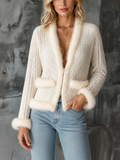 Chic Casual Off‑White V‑Neck Zip‑Up Long Sleeve Faux Fur Trim Patch Pockets Knit Cardigan