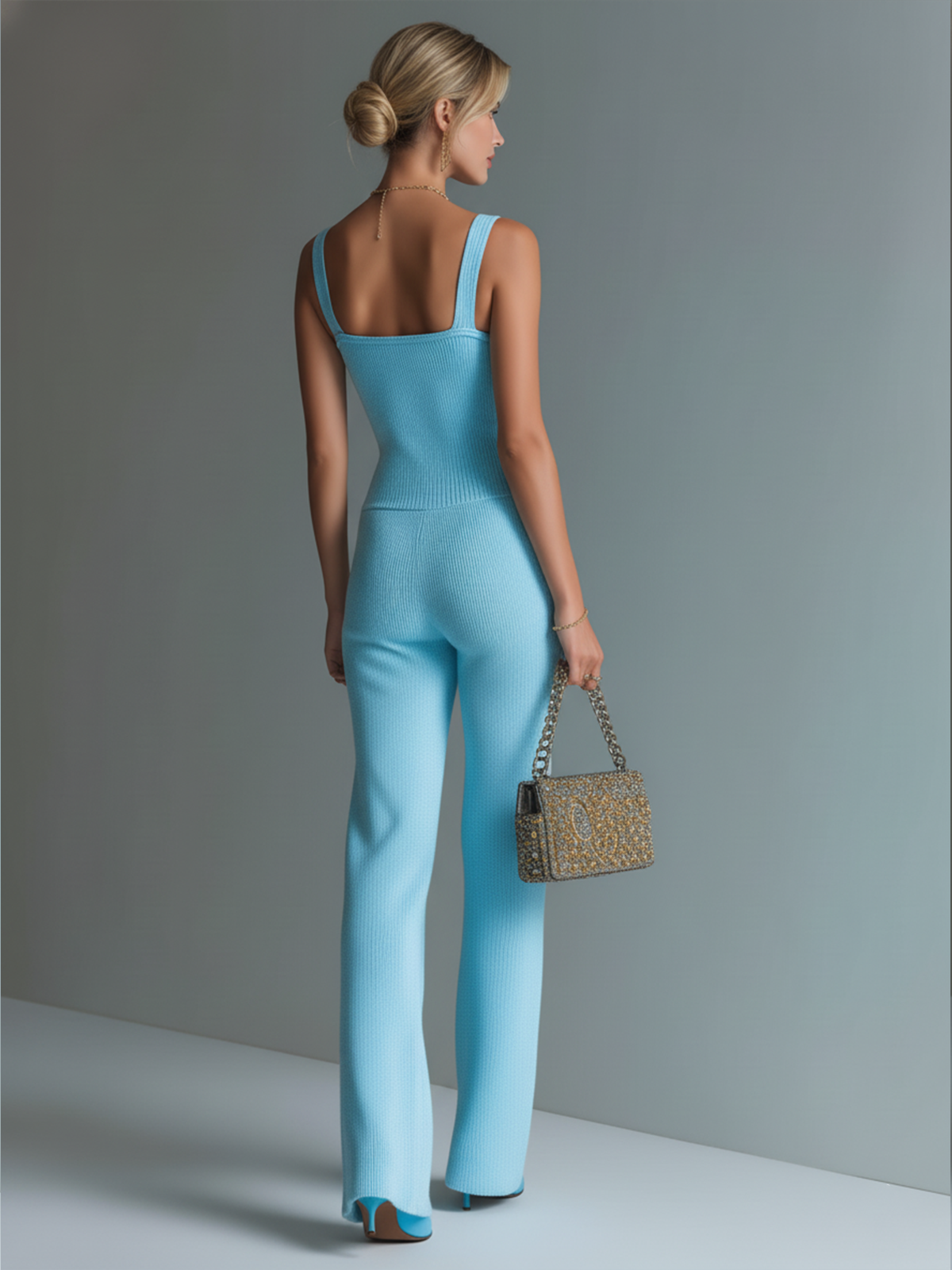 Chic Casual Blue Strappy Sleeveless Zipper-Placket Tailored Waist Wide Leg Ribbed Knit Jumpsuit