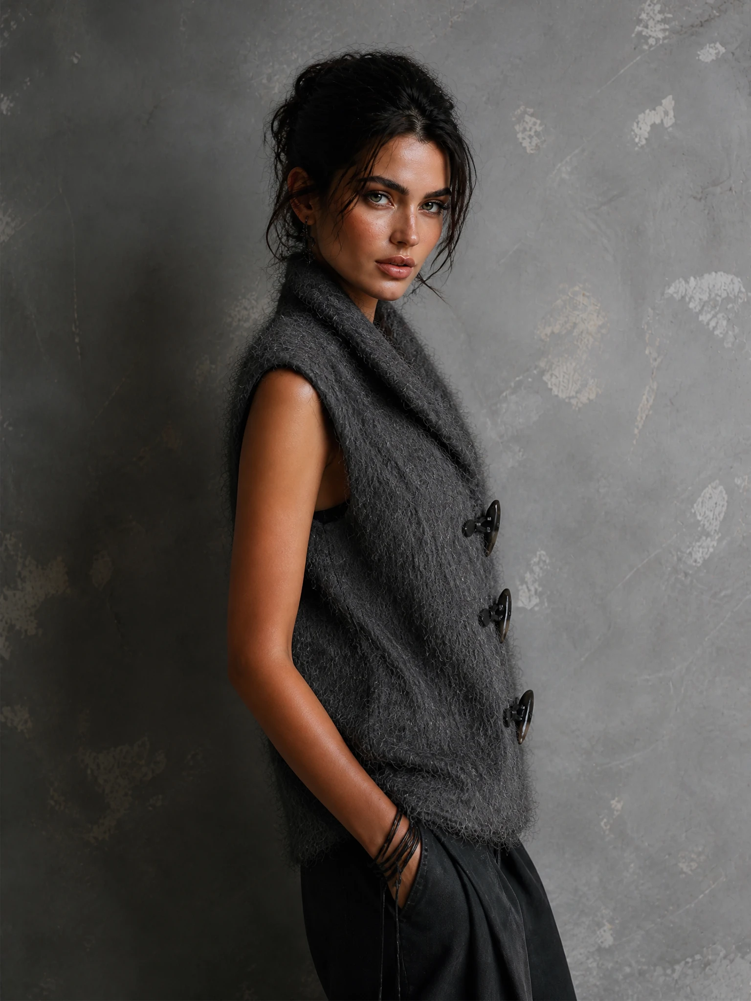 Chic Casual Dark Gray Lapel-Collar Sleeveless Horn Toggle Button Detail Loose-Fit Fuzzy Knit Vest Top