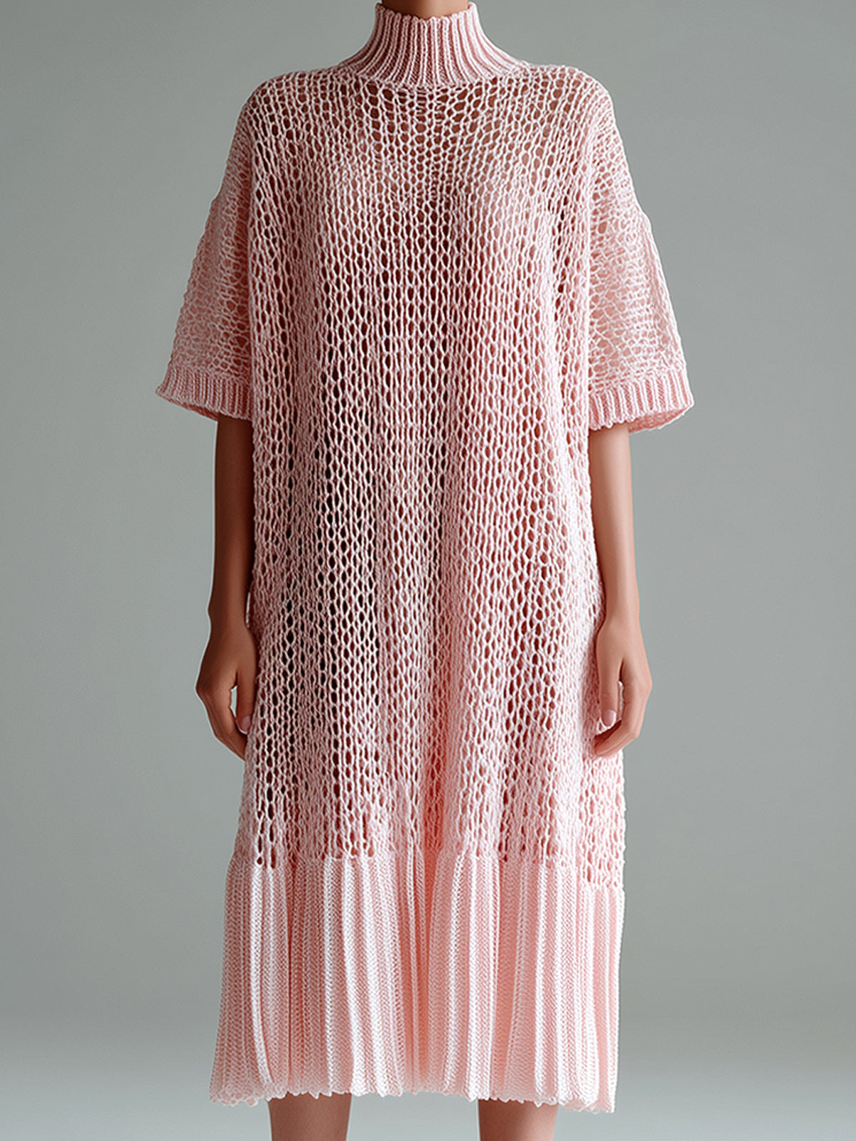 Chic Elegant Pink Mock Neck Short-Sleeve Pleated Hem Loose-Fit Hollow-Out Knit Midi Dress