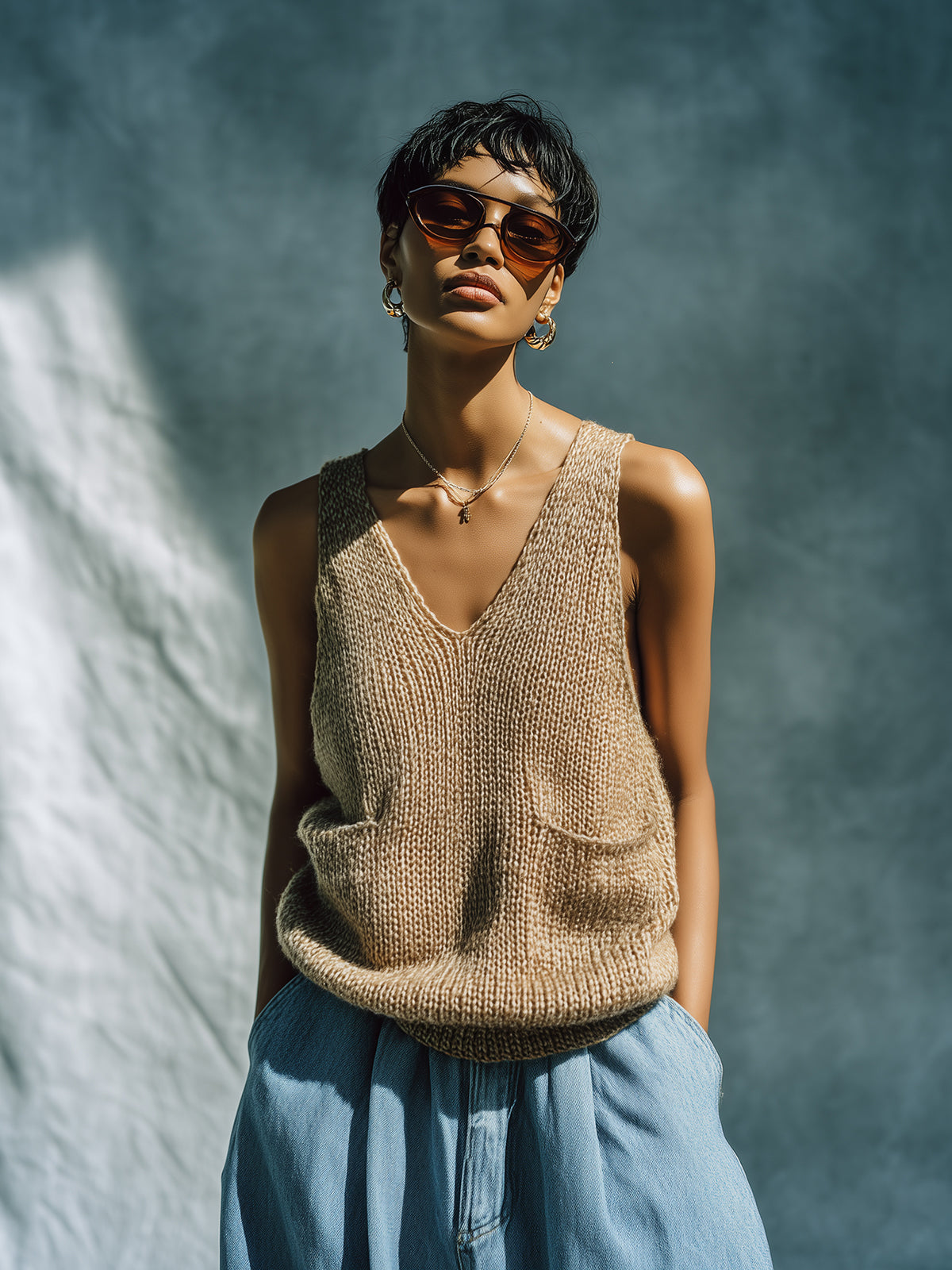 Chic Vintage Camel V-Neck Sleeveless Loose-Fit Patch Pocket Knit Tank Top