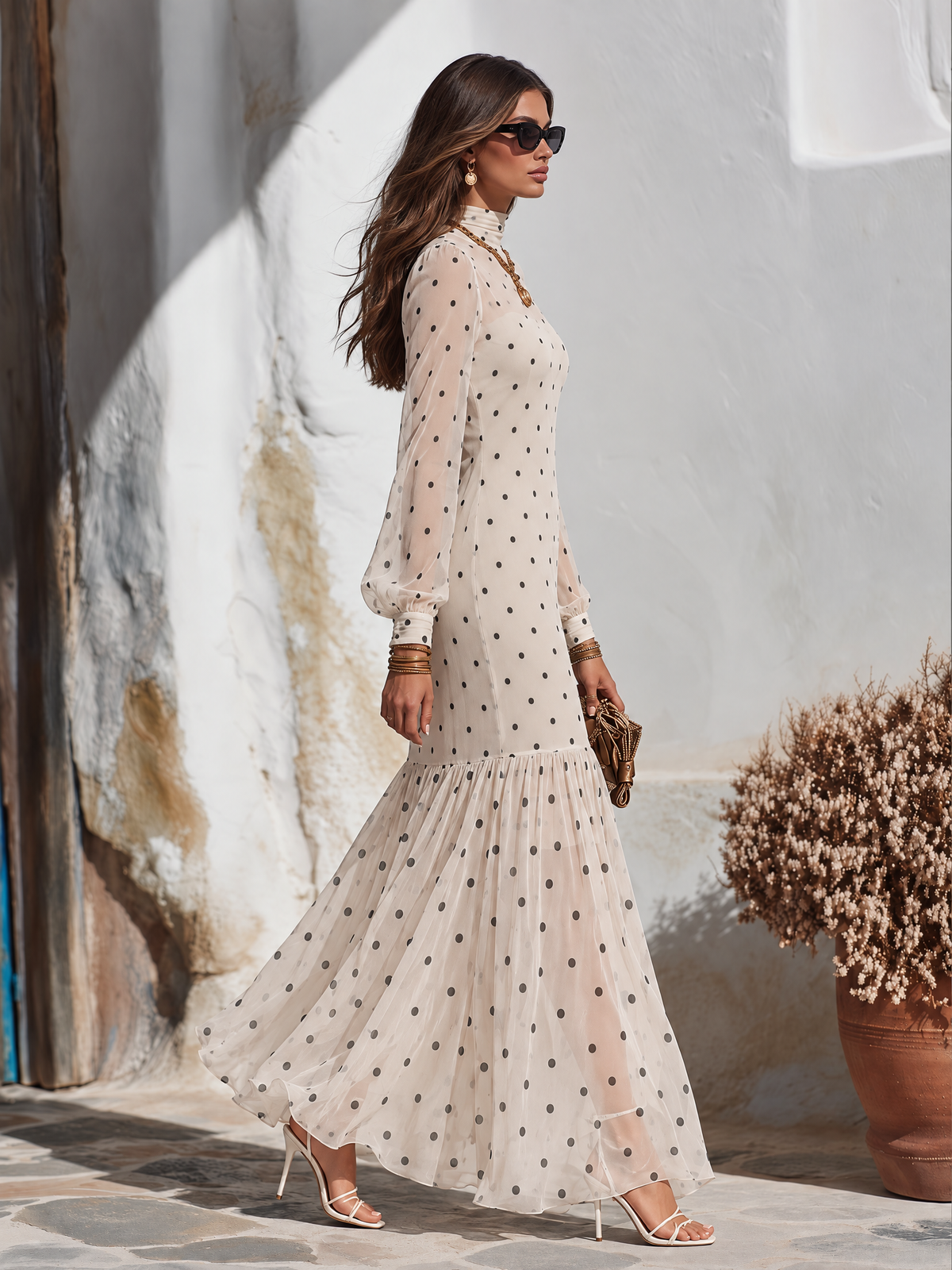 Resort-style Long-sleeved Polka Dot High Neckline Chiffon Dress