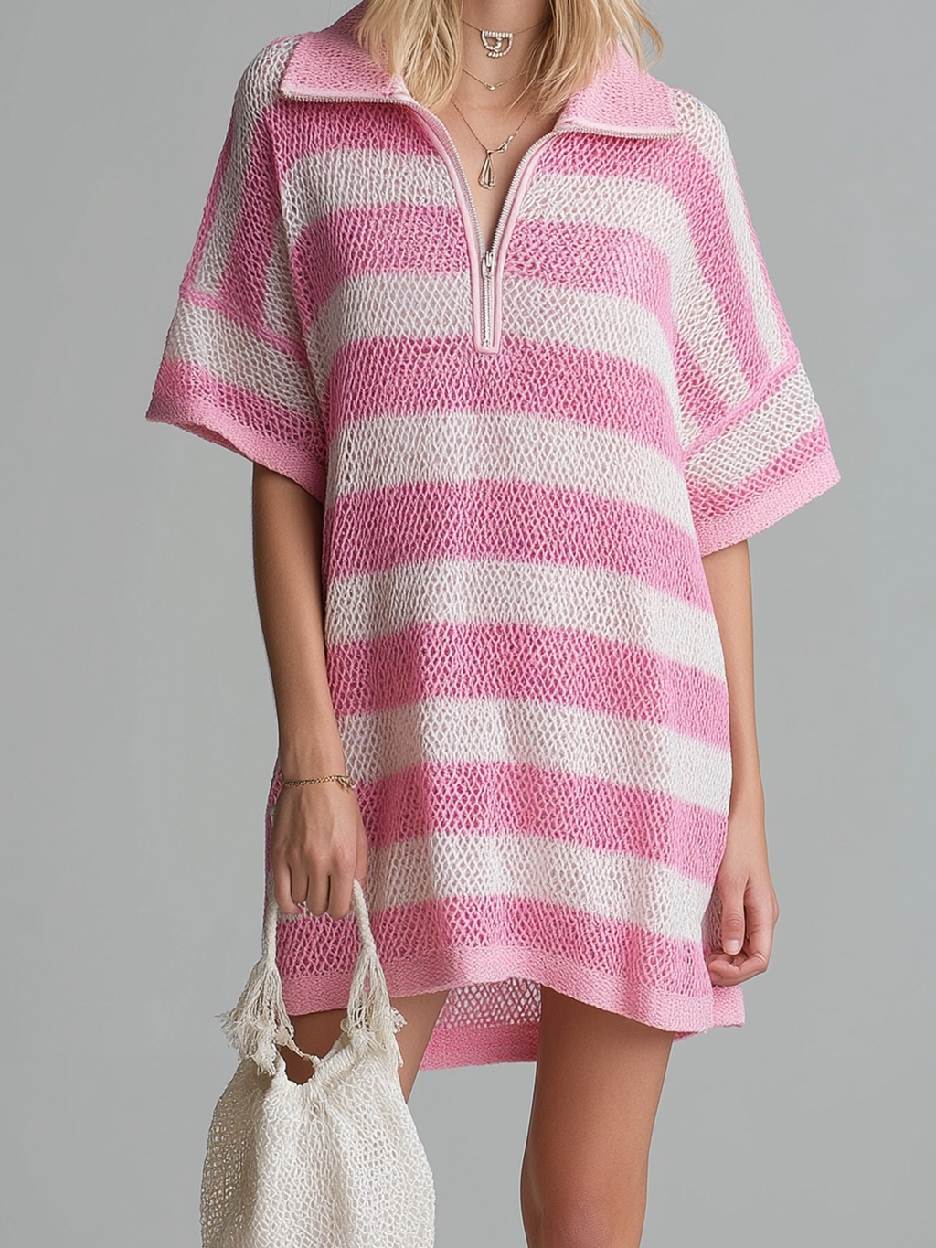 Chic Casual  Pink-White Striped Zipper-Up Lapel Short-Sleeve Loose Ribbed Knit Mini Dress