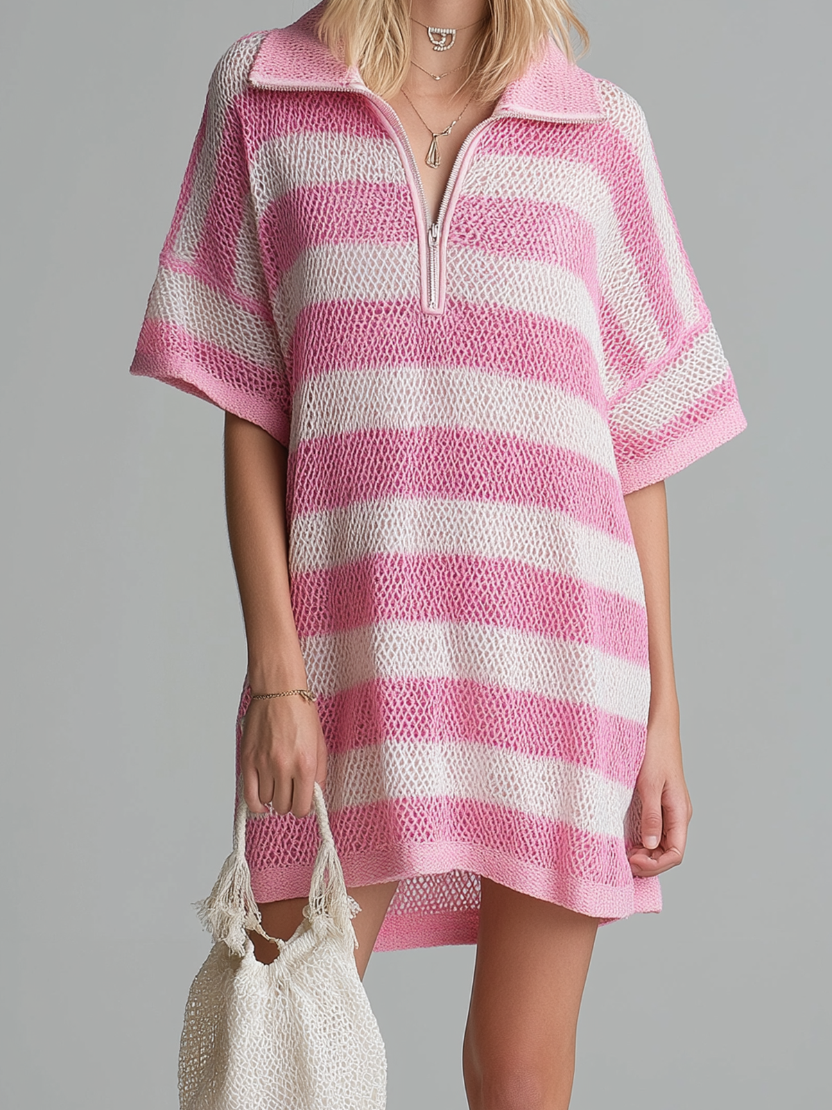 Chic Casual  Pink-White Striped Zipper-Up Lapel Short-Sleeve Loose Ribbed Knit Mini Dress
