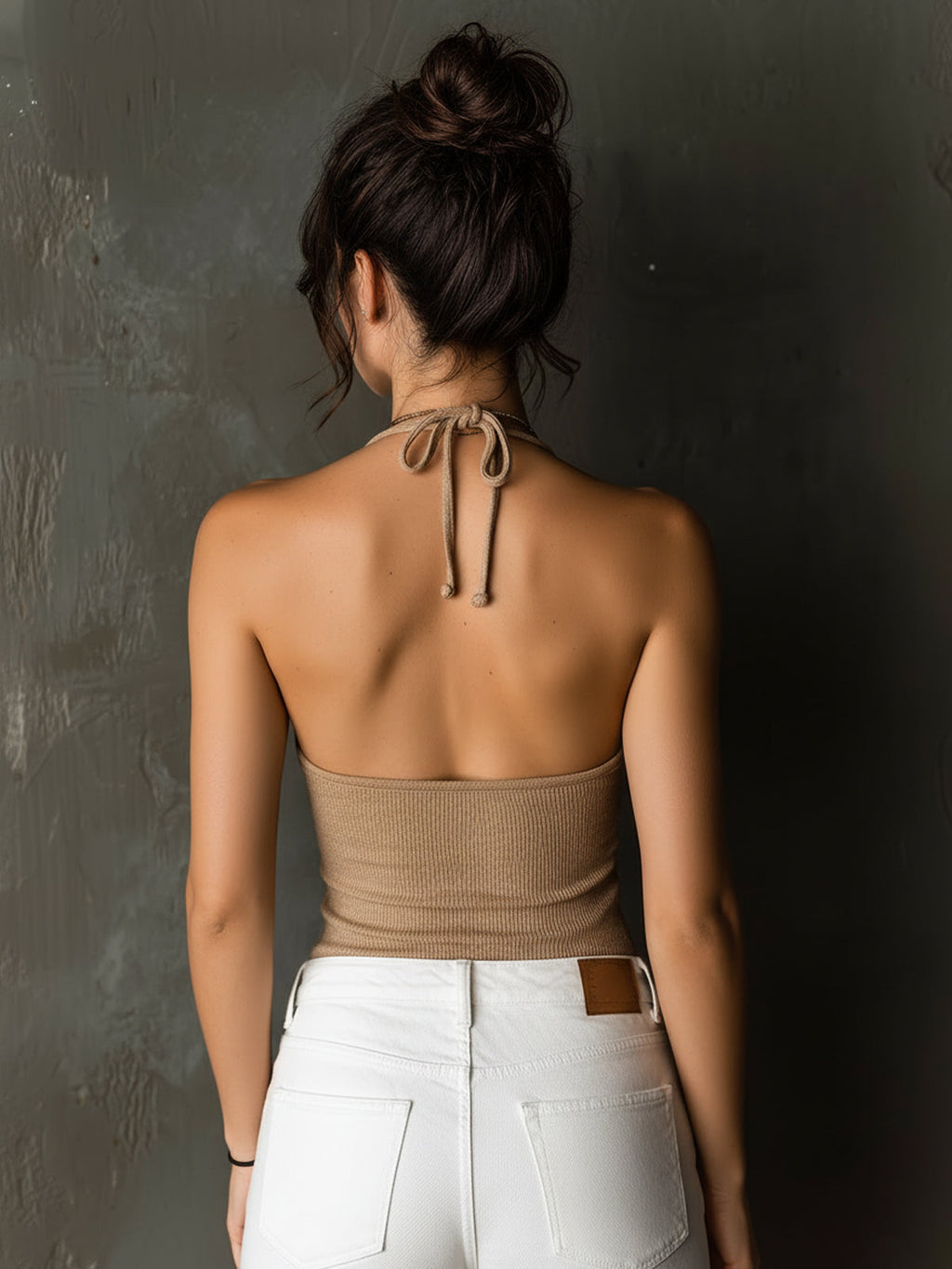 Chic Elegant Camel Strappy Button Detail Sleeveless Slim-Fit Ribbed Knit Camisole