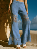 Chic Elegant Blue High Waist Cotton Blend Lace Patchwork Detail Wide-Leg Pants