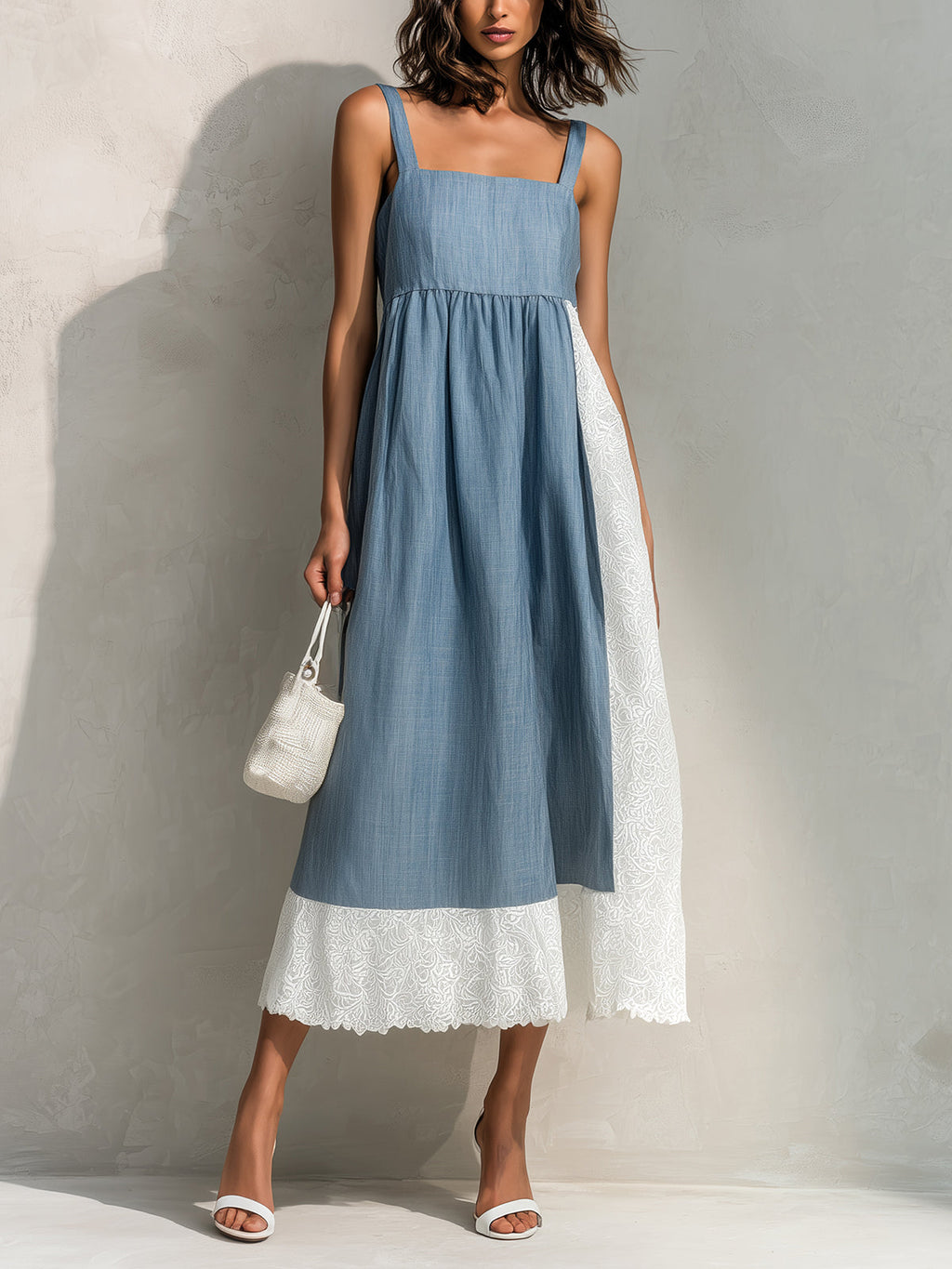 Chic Elegant Dark Blue-White Colorblock Patchwork Cotton Linen Blend Square-Neck Sleeveless Loose-Fit Midi Dress
