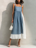 Chic Elegant Dark Blue-White Colorblock Patchwork Cotton Linen Blend Square-Neck Sleeveless Loose-Fit Midi Dress
