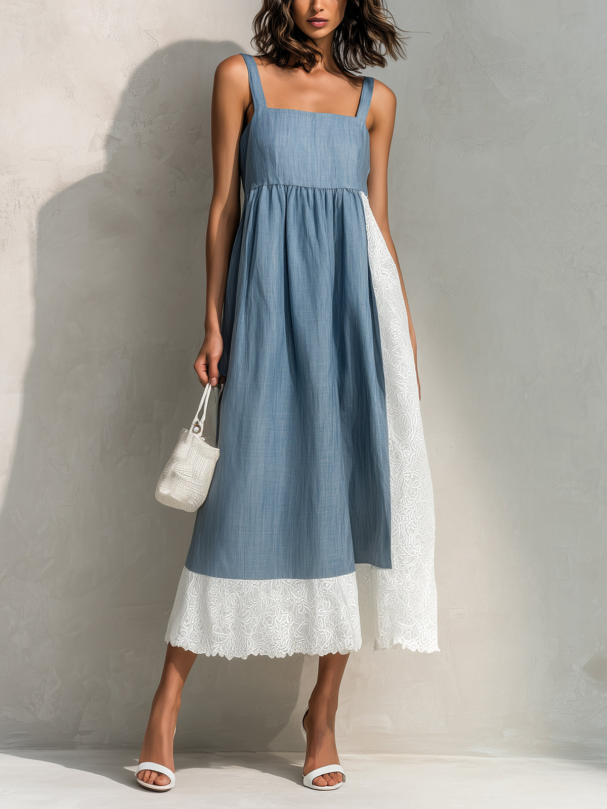 Chic Elegant Dark Blue-White Colorblock Patchwork Cotton Linen Blend Square-Neck Sleeveless Loose-Fit Midi Dress
