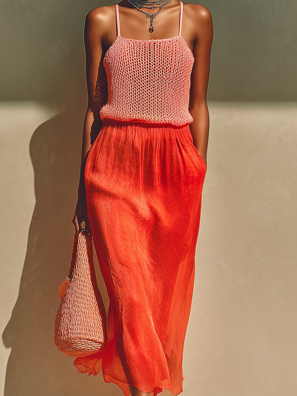 Chic Elegant Pink Square Neck Sleeveless Knit Camisole Red Elastic Waist Satin Midi Skirt Two-Piece Set