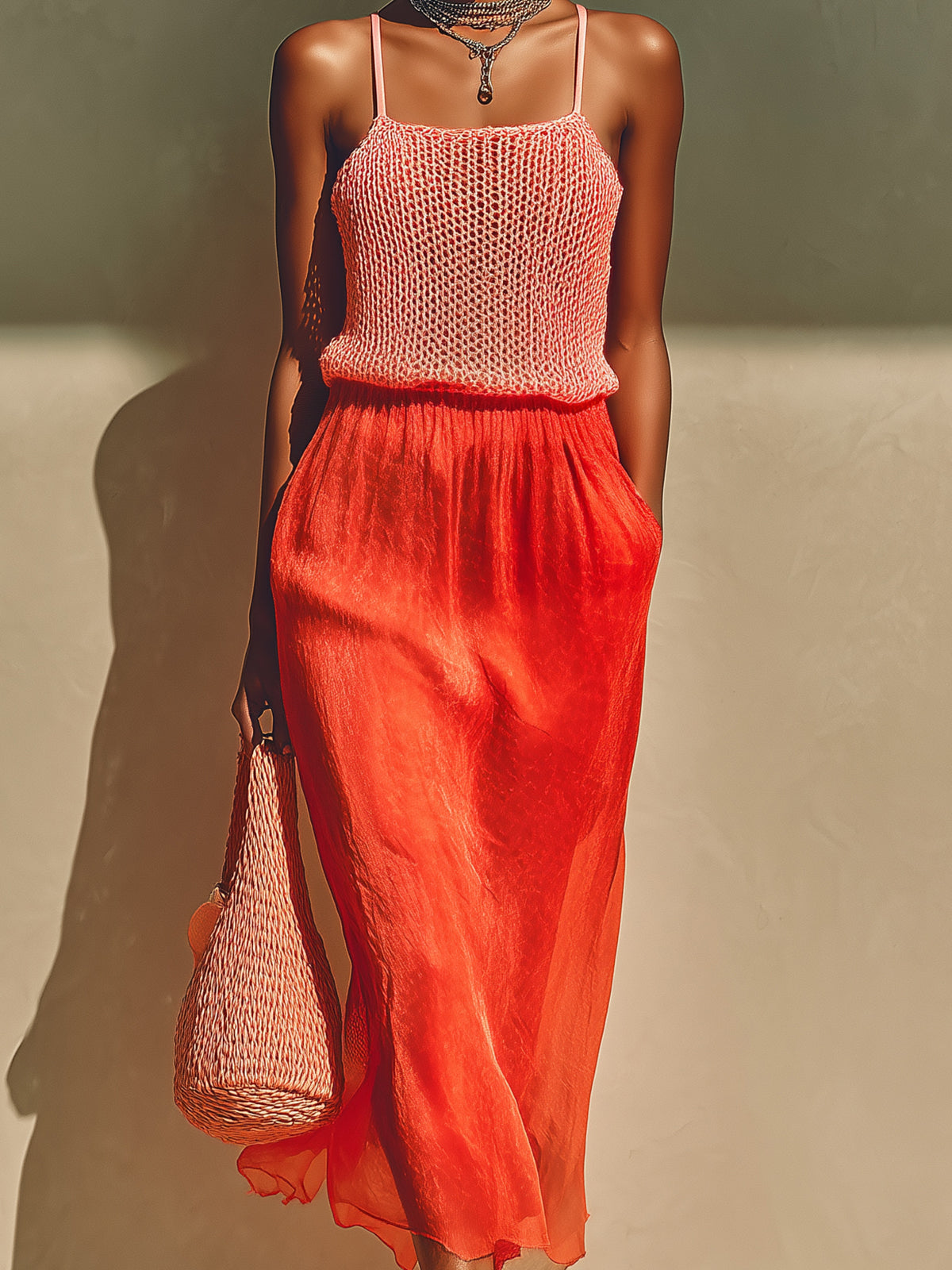 Chic Elegant Pink Square Neck Sleeveless Knit Camisole Red Elastic Waist Satin Midi Skirt Two-Piece Set