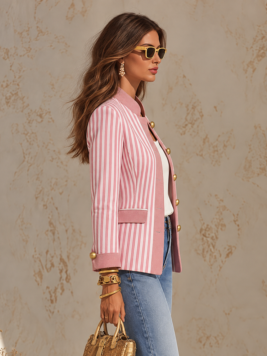 Resort-style Stand-up Collar Striped Long-sleeved Jacket