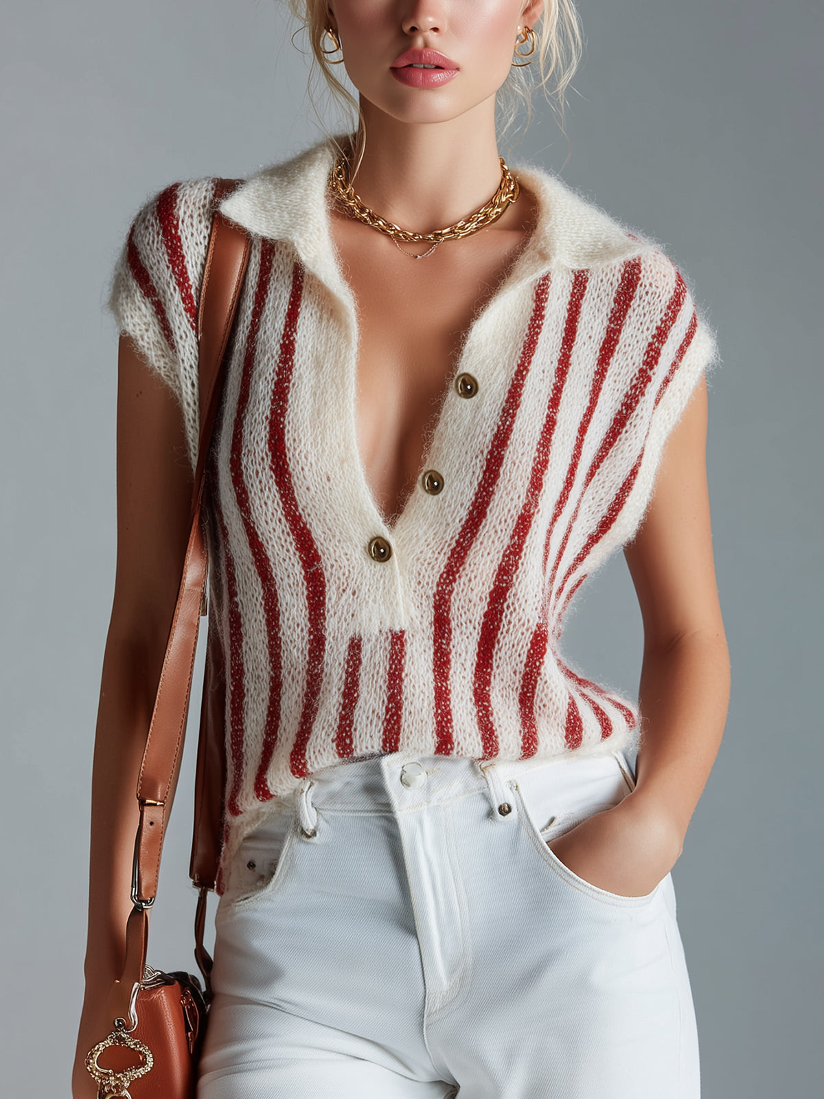 Chic Vintage Red White Stripes Lapel Button-Up V-Neck Short-Sleeve Loose-Fit Breathable Mohair Knit Sweater Top