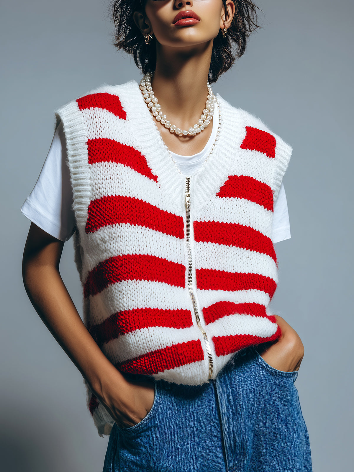 Chic Casual Red White Stripes V-Neck Zipper-Front Oversize Knit Vest