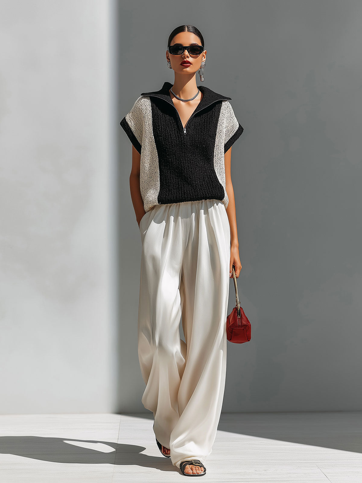 Chic Elegant Black-Beige Colorblock Zipper-Up Lapel Collar Short-Sleeve Knit Sweater Top Beige Satin Wide-Let Pants Two-Piece Set