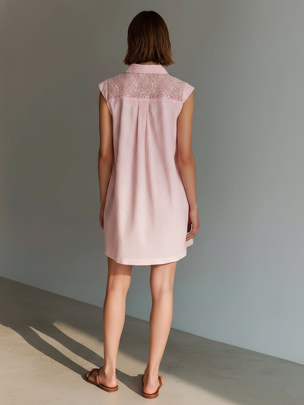 Chic Elegant Pink-White Cotton-Linen Pinstripe Lapel-Collar Sleeveless Single-Breasted Lace Detail A-Line Mini Dress