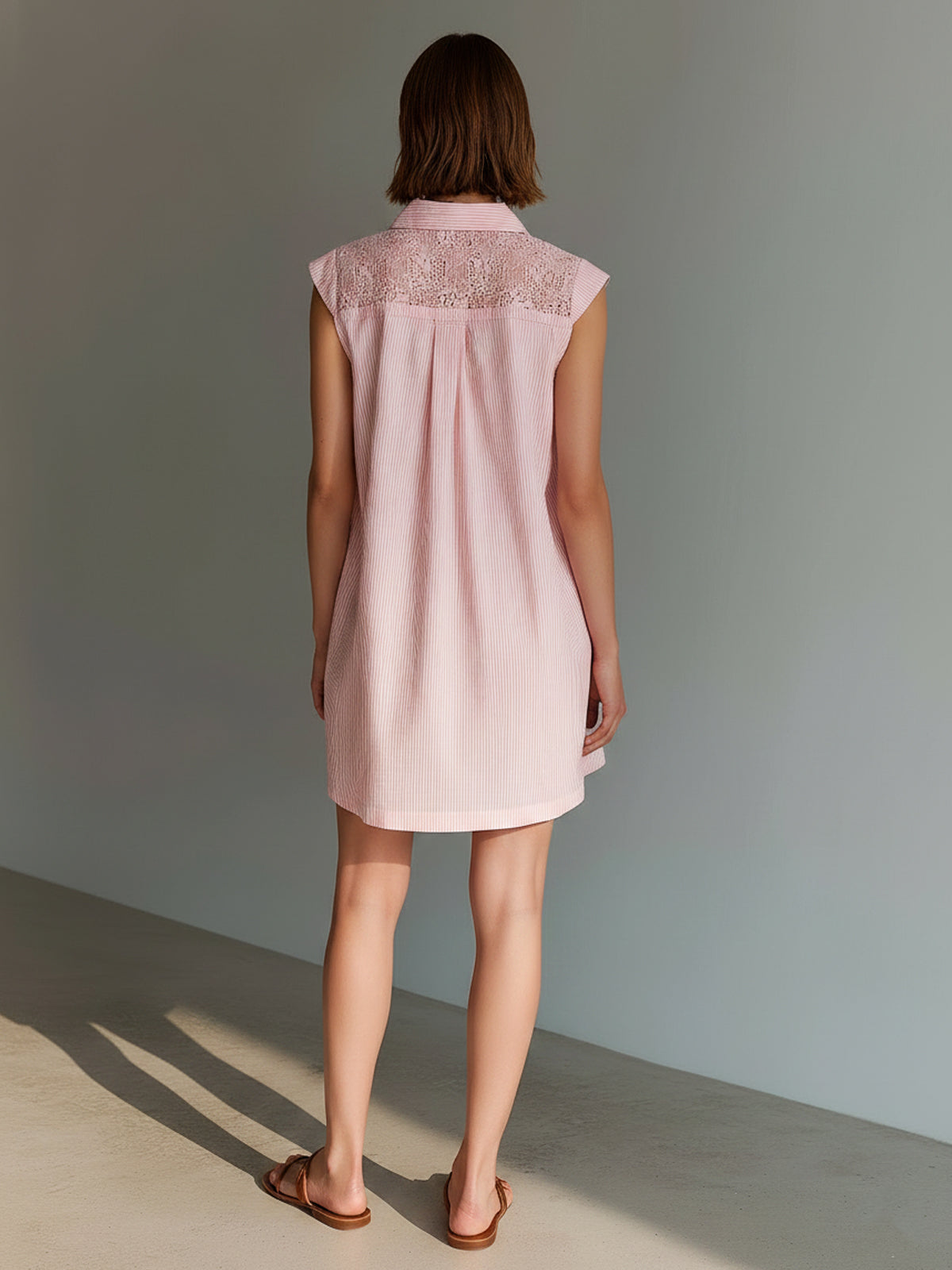 Chic Elegant Pink-White Cotton-Linen Pinstripe Lapel-Collar Sleeveless Single-Breasted Lace Detail A-Line Mini Dress