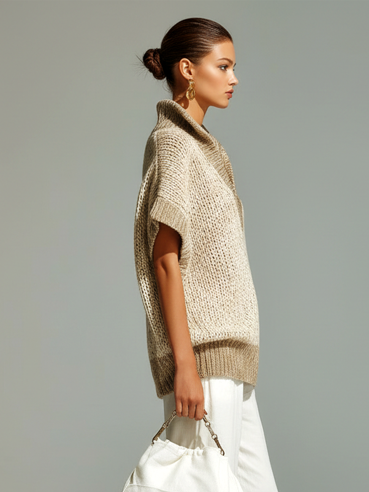 Fashion Casual Beige Stand-Collar Colorblock Loose Sleeveless Knit Vest