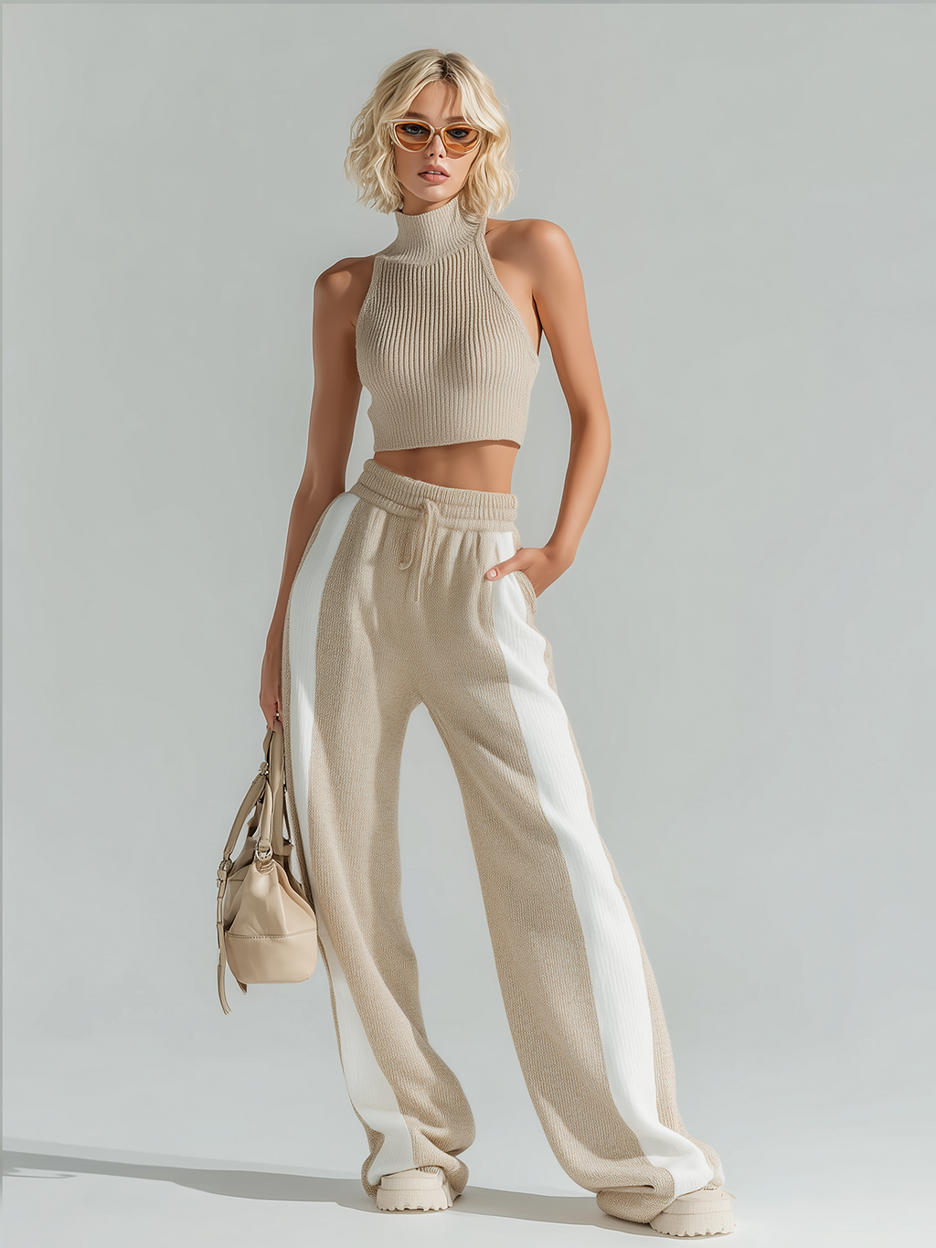 Stylish Elegant Off-White High-Neck Sleeveless Vest White Striped Wide-Leg Pants Knit Two-Piece Set
