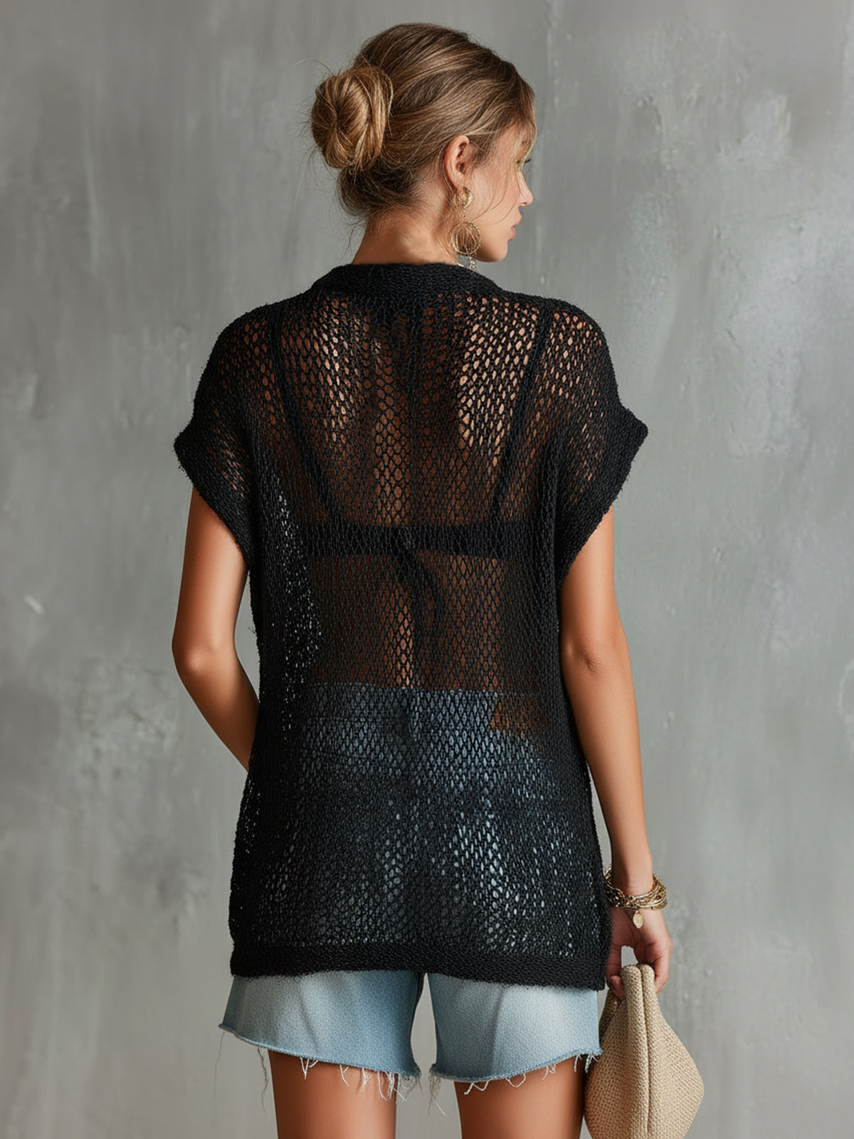 Chic Casual Black Round-Neck Short-Sleeve Keyhole Cutout Button-Detail Hollow-Out Loose-Fit Mesh-Knit Sweater Top