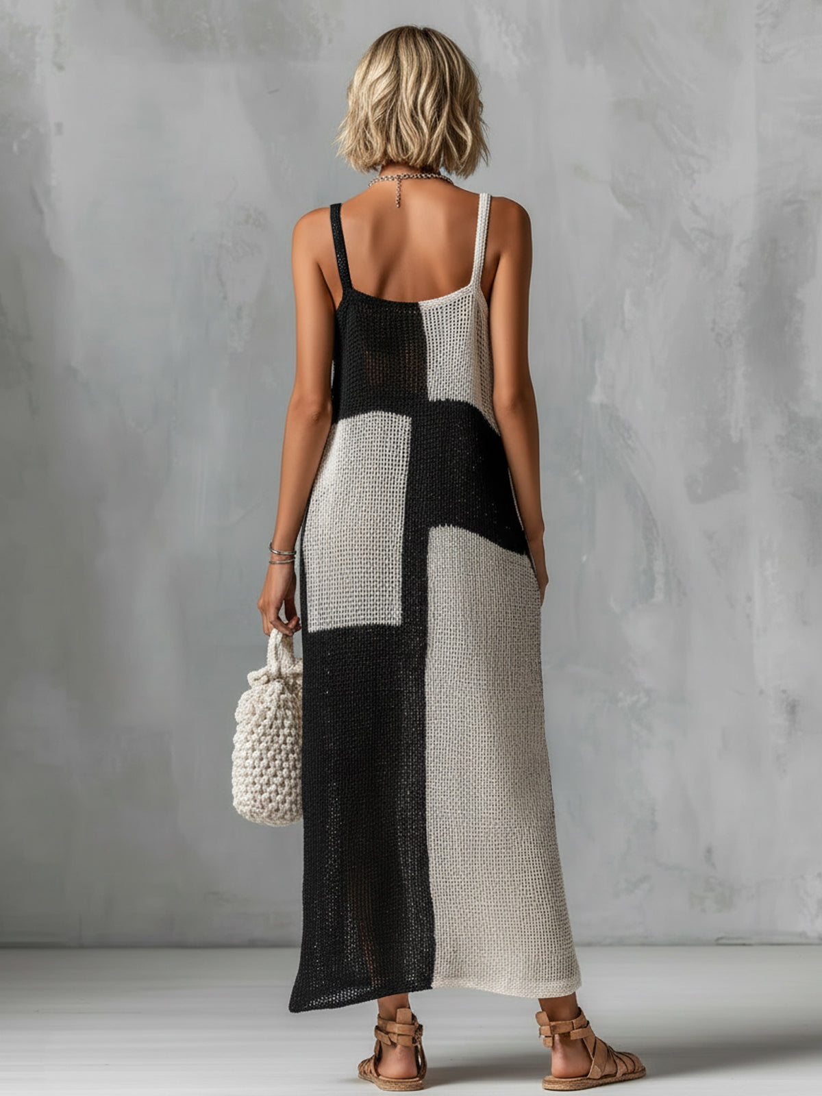 Chic Elegant Black-White Colorblock Spaghetti-Strap Square-Neck Sleeveless Loose-Fit Hollow-Knit Maxi Dress