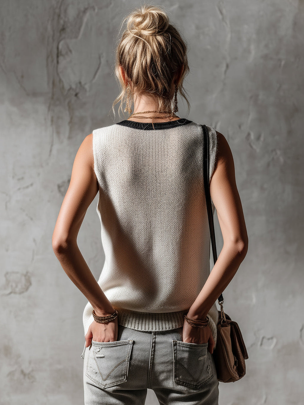 Chic Casual White-Black Colorblock V-Neck Sleeveless Star Jacquard Loose-Fit Knit Vest Top