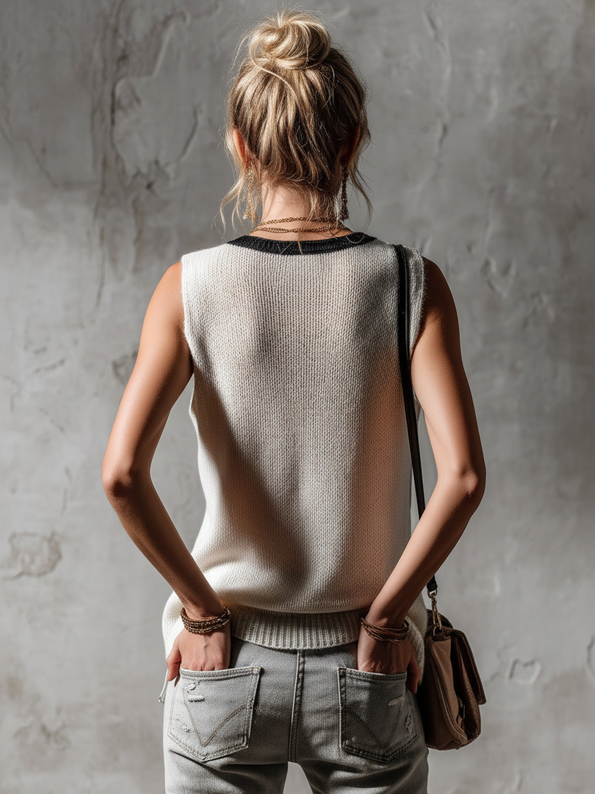 Chic Casual White-Black Colorblock V-Neck Sleeveless Star Jacquard Loose-Fit Knit Vest Top