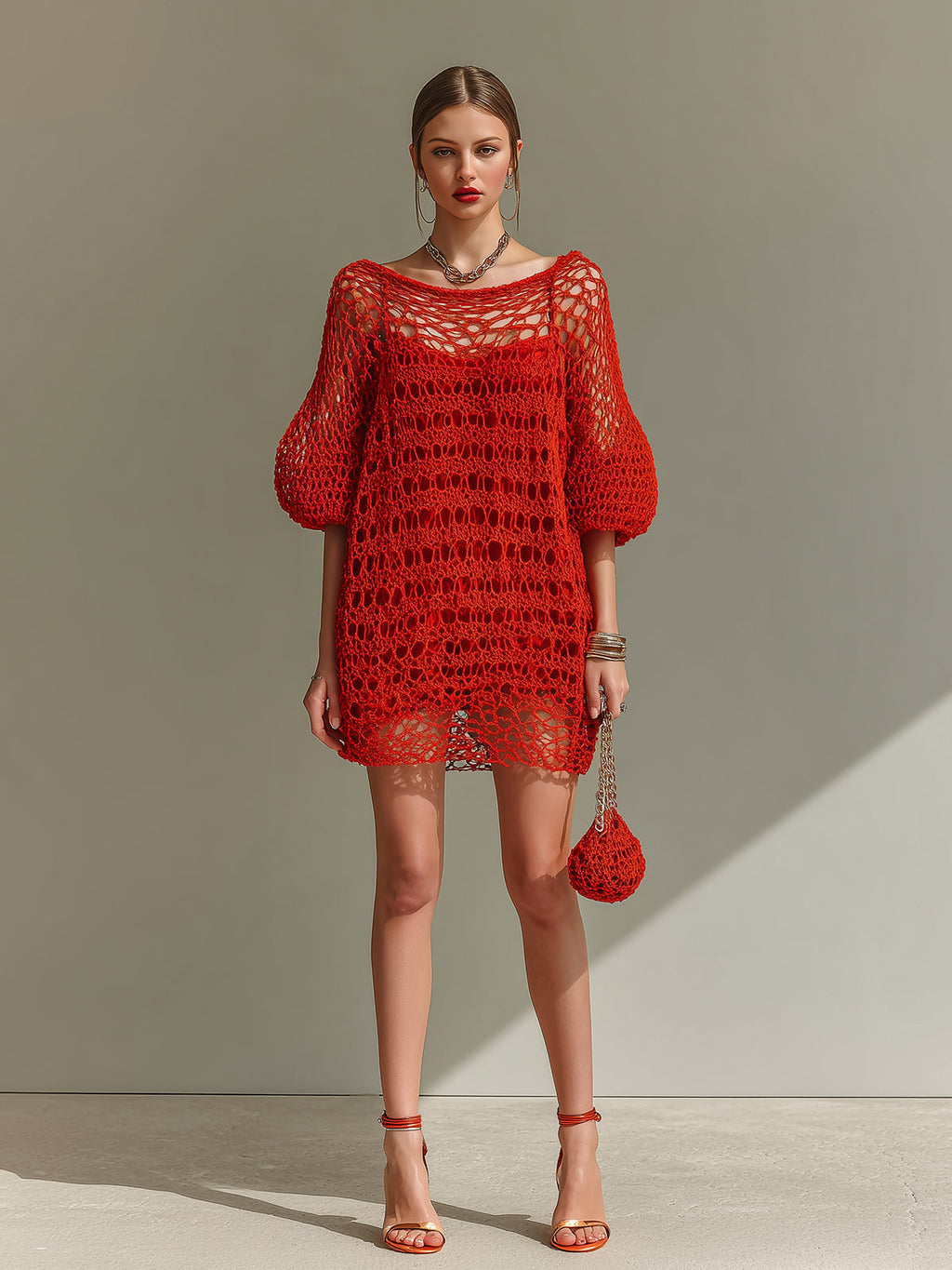 Chic Elegant Red Boat Neck Half Lantern Sleeve Loose-Fit Hollow Knit Mini Dress (Inner Slip Dress Included)