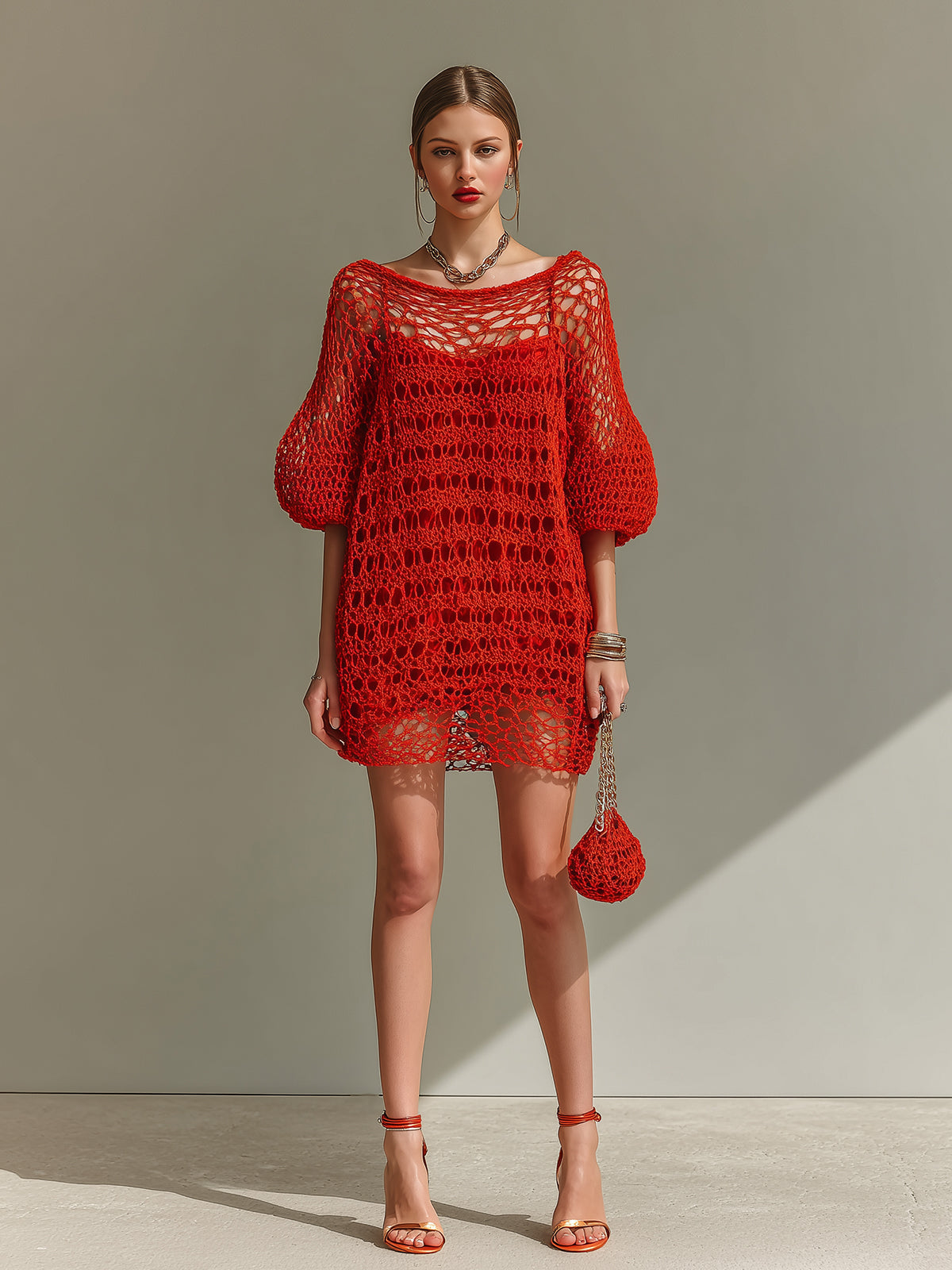 Chic Elegant Red Boat Neck Half Lantern Sleeve Loose-Fit Hollow Knit Mini Dress (Inner Slip Dress Included)