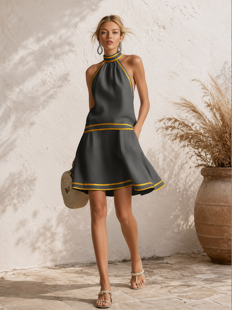 Elegant Color-Block Trim Orange Cotton-Linen Halter Sleeveless Mini Dress
