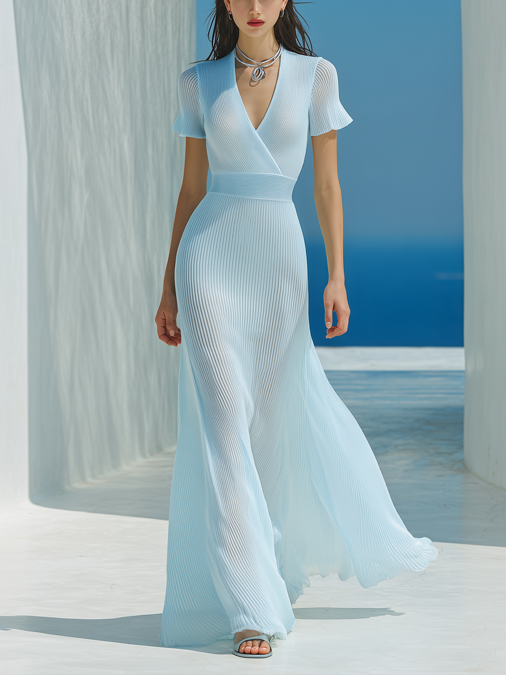 Stylish Elegant Light-Blue V-Neck Short-Sleeve Slim-Fit Tailored-Waist A-Line Ribbed Knit Maxi Dress