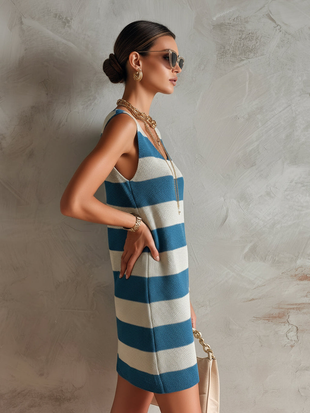 Chic Elegant Blue-White Stripes U-Neck Sleeveless Loose-Fit A-Line Knit Mini Dress