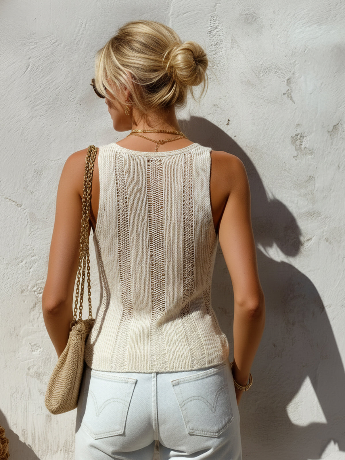 Chic Elegant Beige Round-Neck Sleeveless Hollow-Out Detail Slim-Fit Knit Tank Top