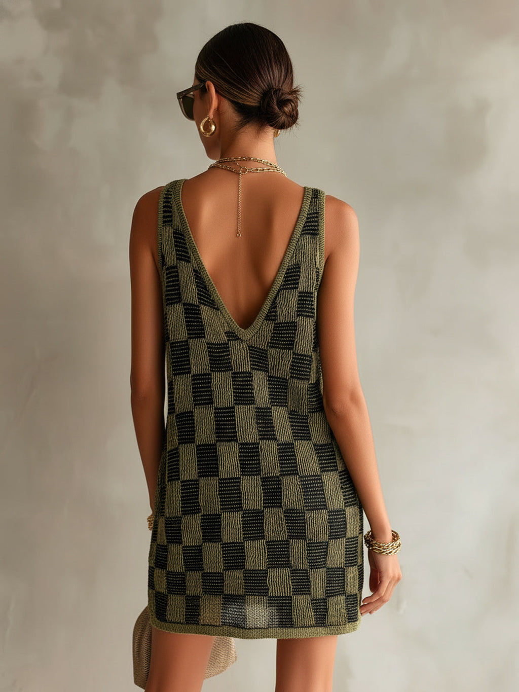Chic Elegant Green-Black Checkboard Deep V-Neck Sleeveless Loose-Fit A-Line Knit Mini Dress