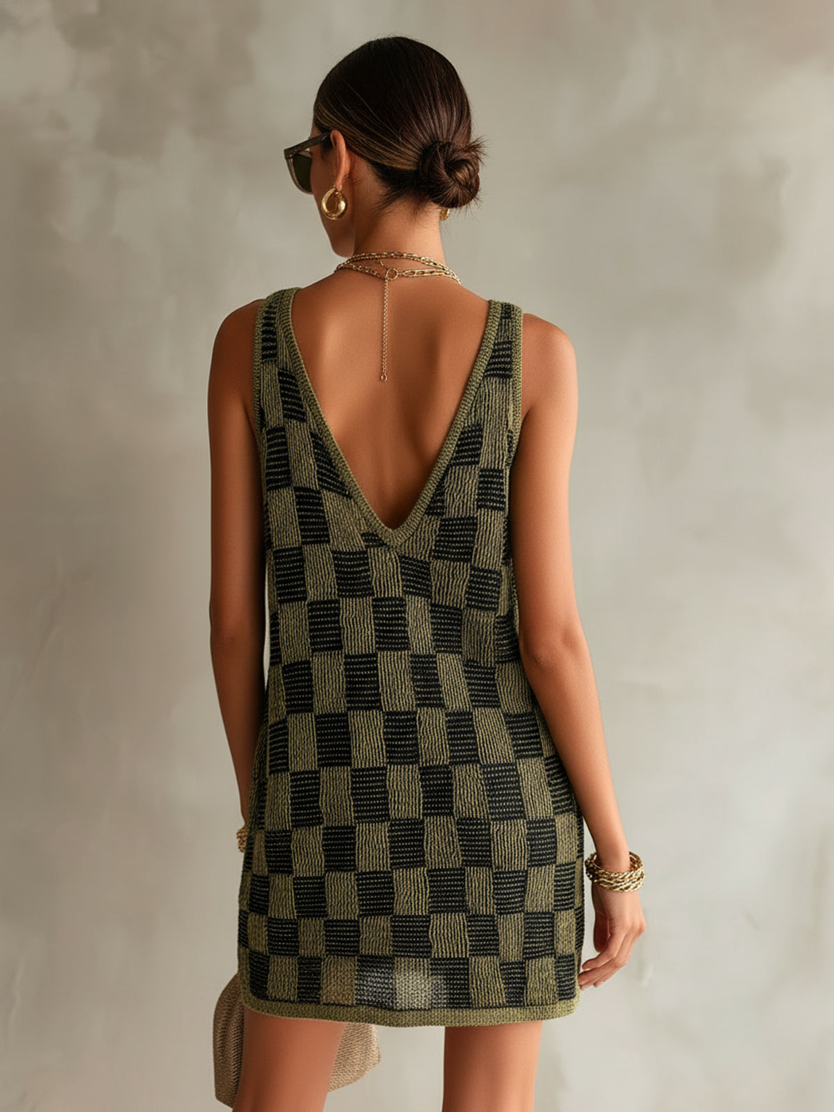 Chic Elegant Green-Black Checkboard Deep V-Neck Sleeveless Loose-Fit A-Line Knit Mini Dress