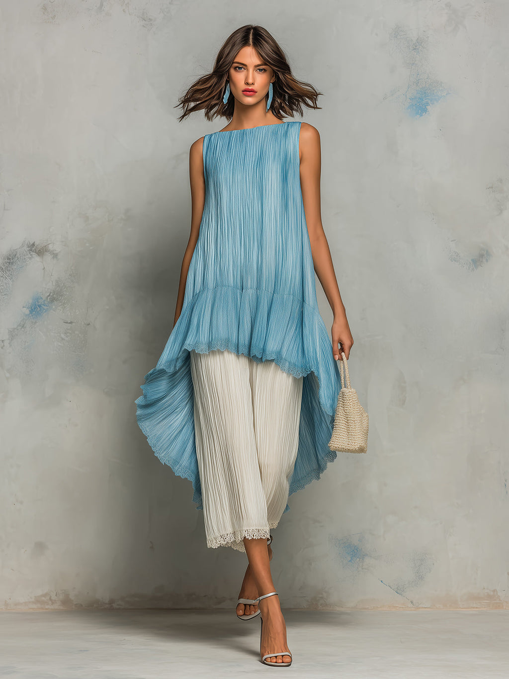 Chic Elegant Blue Boat-Neck Sleeveless Asymmetrical Hem Top Beige Cropped Pants Lace Trim Detail Cotton Blend Pleated Two-Piece Set