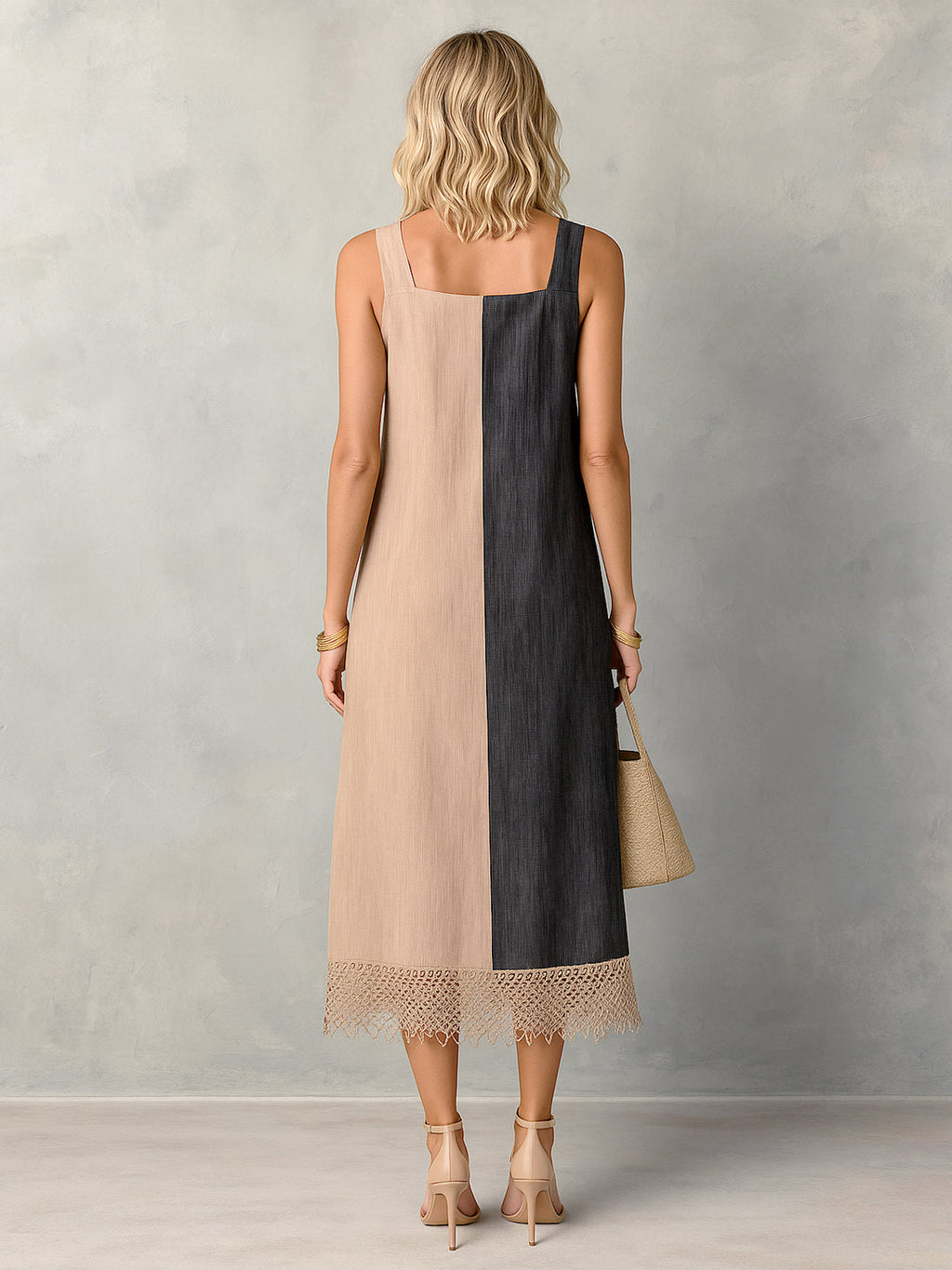 Chic Elegant Camel-Black Colorblock Cotton-Linen Square-Neck Sleeveless Lace Trim Hem A-Line Midi Dress