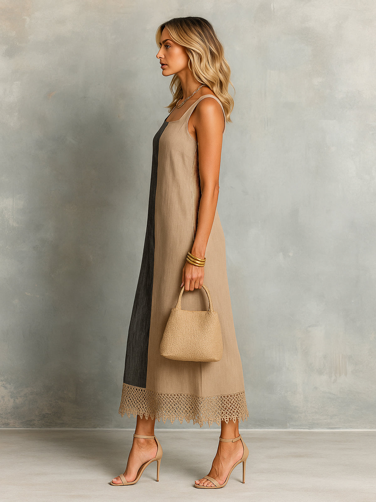 Chic Elegant Camel-Black Colorblock Cotton-Linen Square-Neck Sleeveless Lace Trim Hem A-Line Midi Dress