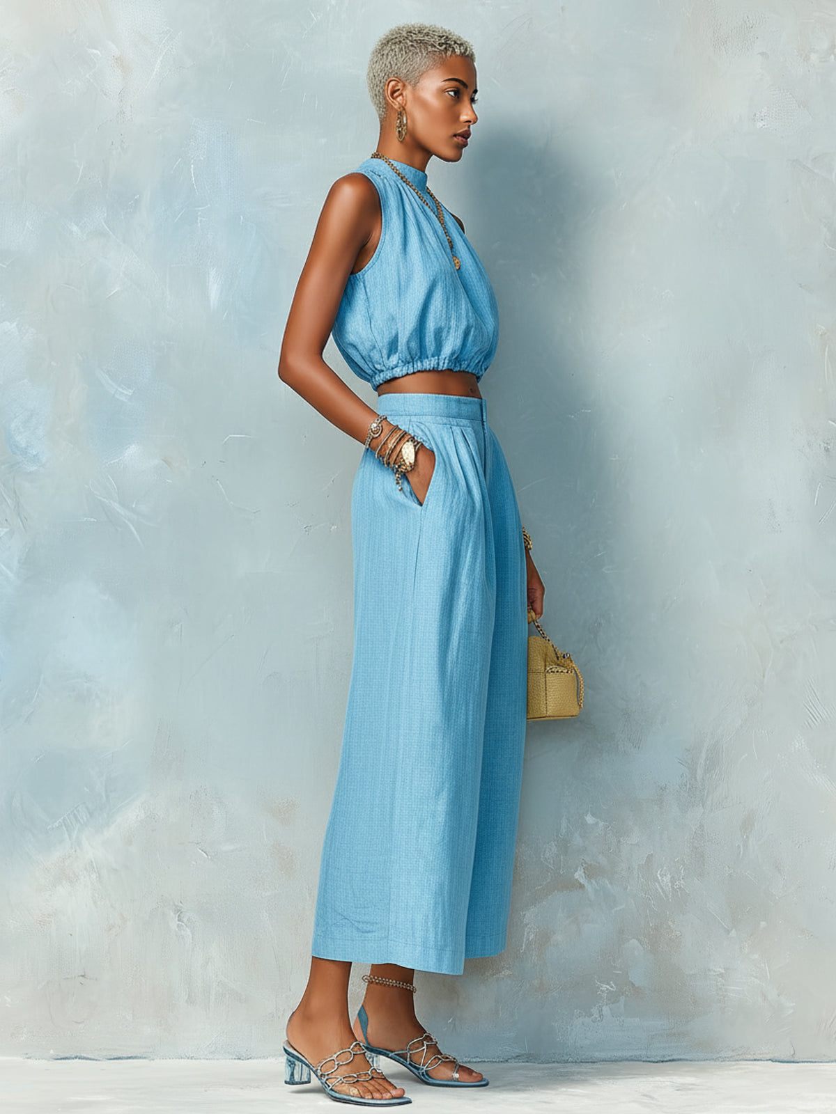 Chic Elegant Blue Cotton-Linen Blend Round-Neck Sleeveless Cropped Top Wide-Leg Pants Loose-Fit Two-Piece Set