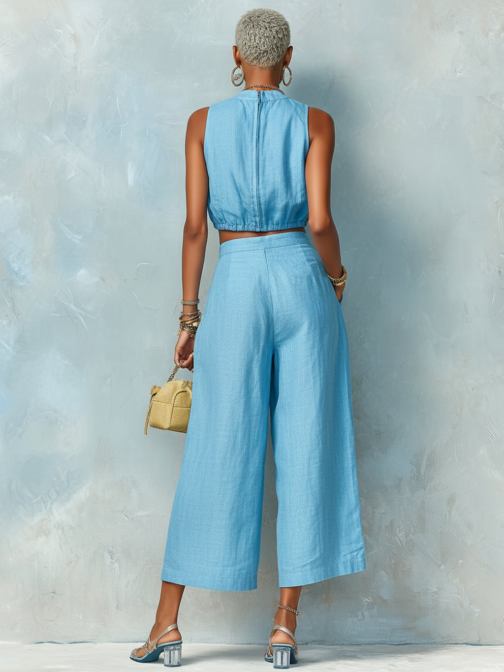Chic Elegant Blue Cotton-Linen Blend Round-Neck Sleeveless Cropped Top Wide-Leg Pants Loose-Fit Two-Piece Set