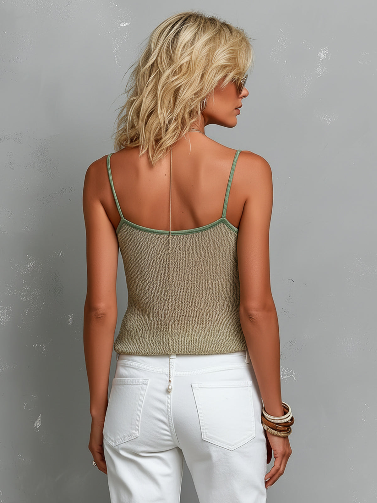 Chic Elegant Beige Spaghetti-Strap V-Neck Green Trimming Detail Loose-Fit Knit Camisole