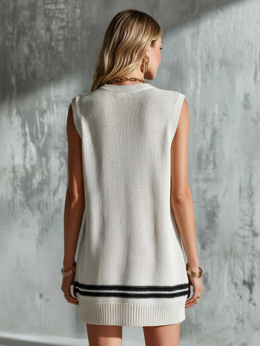 Chic Casual White-Black Colorblock Round-Neck Sleeveless Letter Jacquard Loose-Fit A-Line Knit Mini Dress