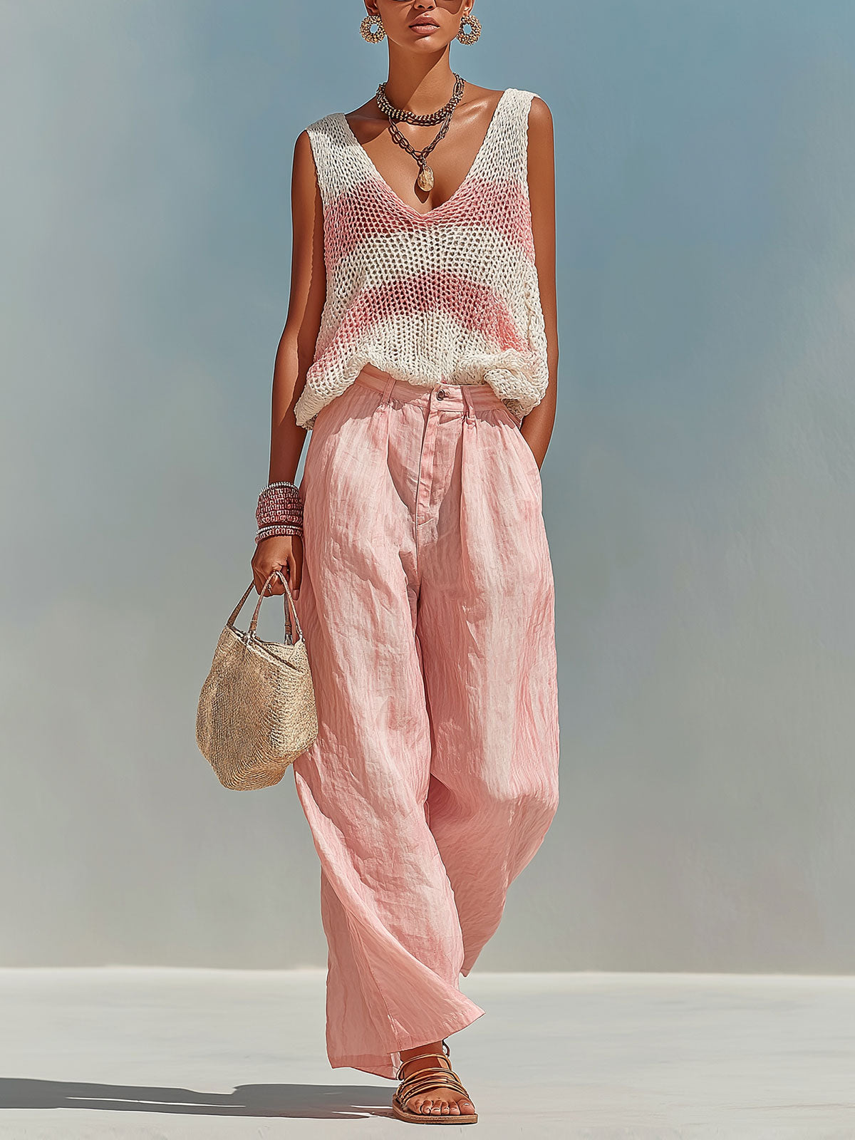 Chic Elegant Pink-White Stripes V-Neck Sleeveless Loose-Fit Knit Tank Top Pink Satin Pants Two-Piece Set
