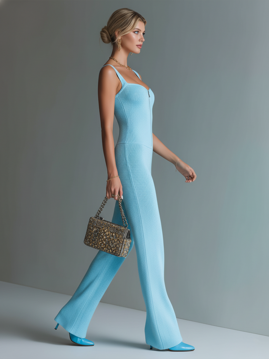 Chic Casual Blue Strappy Sleeveless Zipper-Placket Tailored Waist Wide Leg Ribbed Knit Jumpsuit