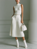 Chic Elegant White Mock Neck Sleeveless Oversize Sweater Top And A-Line Button Patch Pocket Midi Skirt Knit Two-Piece Set