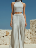 Chic Vintage Light-Gray Round-Neck  Halter-neck Sleeveless Sweater Knit Top Chiffon Pleated Maxi Skirt Two-Piece Set