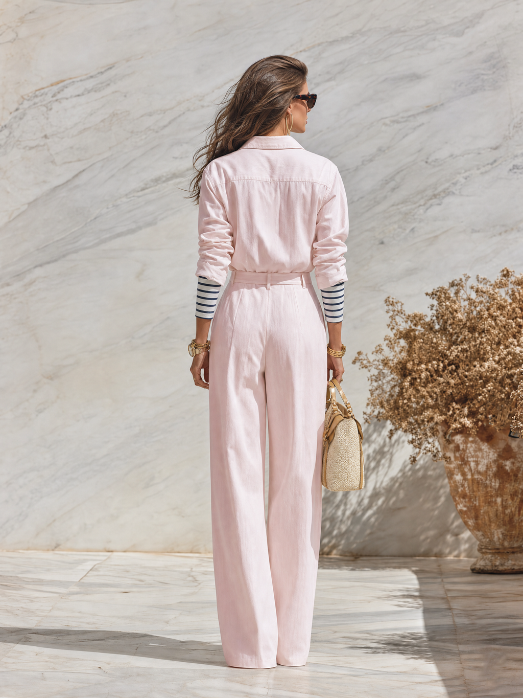 Resort-style Collared Long-sleeved Solid Color Jumpsuit