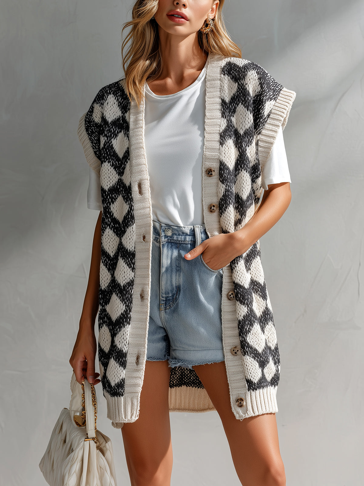 Chic Casual Black-Beige Geometric Jacquard V-Neck Single-Breasted Sleeveless Oversize Knit Vest