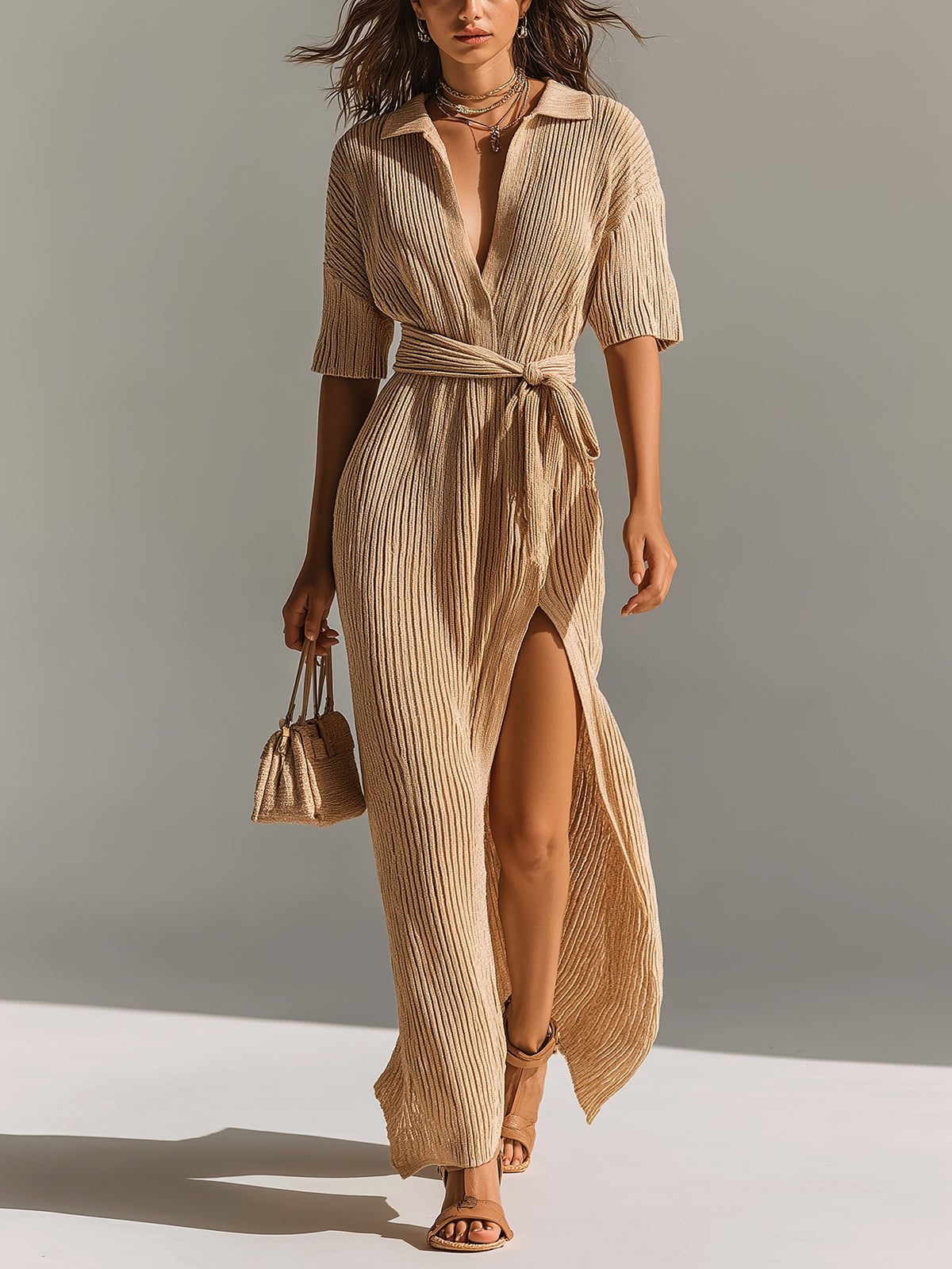 Chic Elegant Camel Lapel V-Neck Short-Sleeve Loose-Fit Belted Slit Detail Knit Maxi Dress