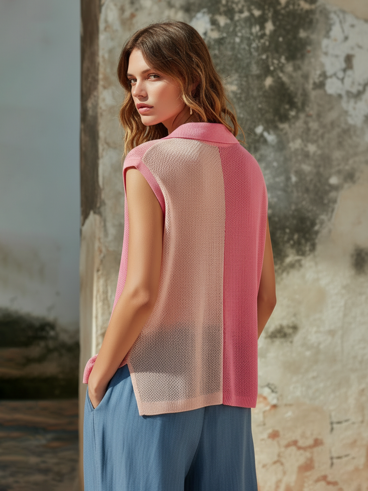 Chic Casual Pink Colorblock Lapel-Collar V-Neck Sleeveless Loose-Fit Mesh Knit Vest Top